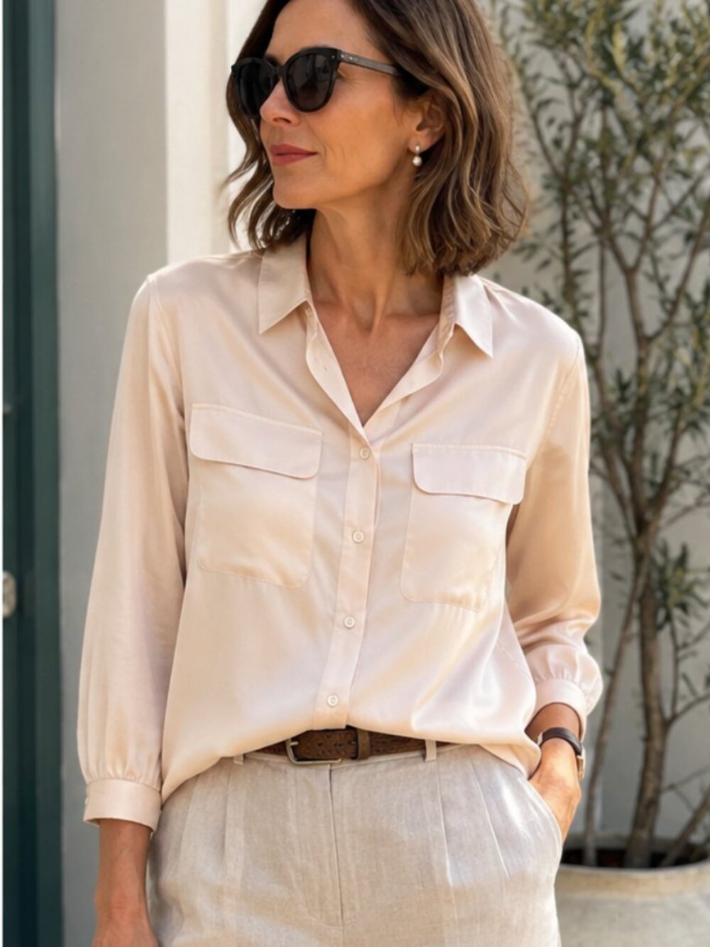Como Seta Vintage 100% Silk Blouse – Light Peach/Cream M